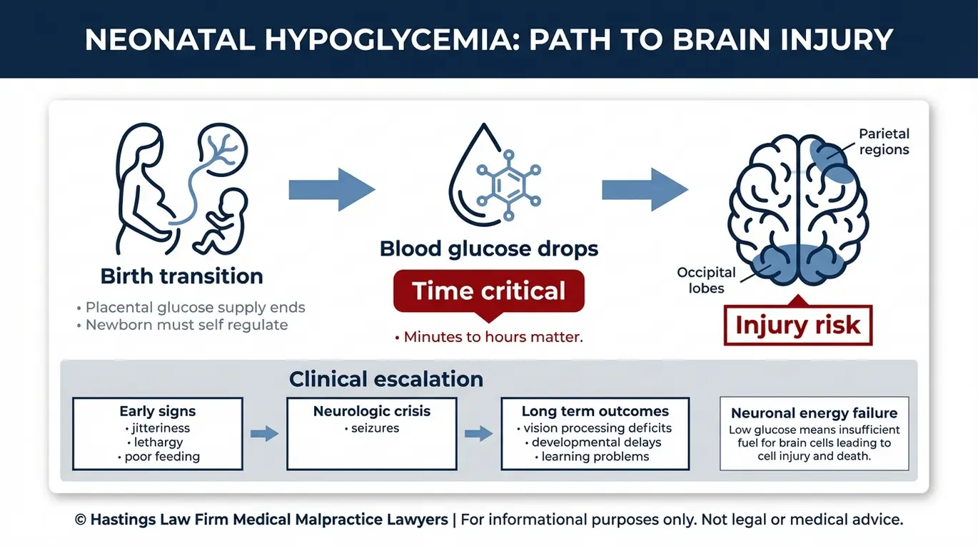 Clinical diagram explaining how neonatal low blood sugar progresses from birth transition to brain energy failure and occipital lobe injury, supporting an Arizona Untreated Infant Hypoglycemia Lawyer claim about causation and preventability.