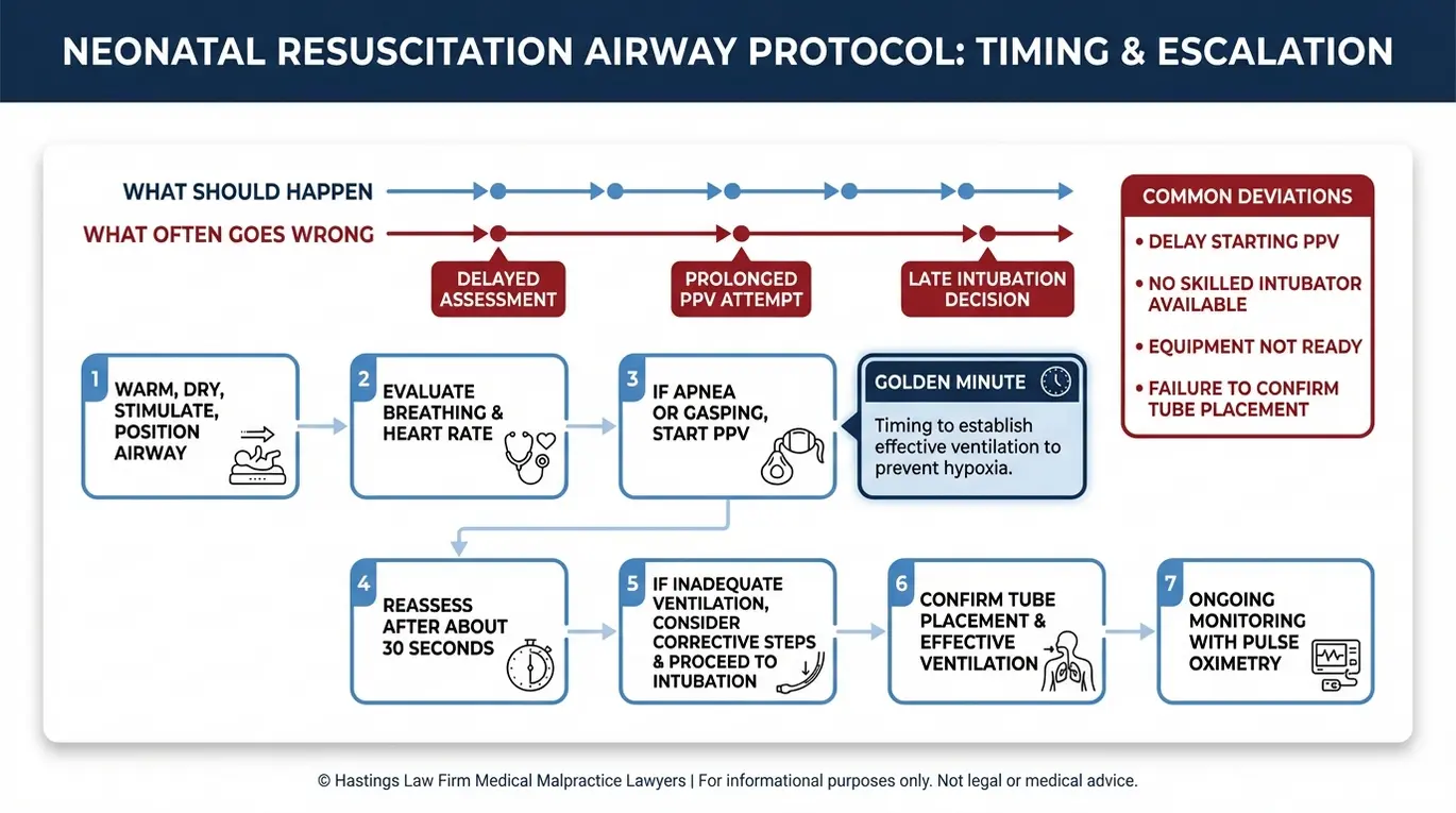 Flowchart showing the neonatal resuscitation golden minute pathway and common deviations relevant to an Arizona Infant Delayed Airway Management Lawyer evaluation.