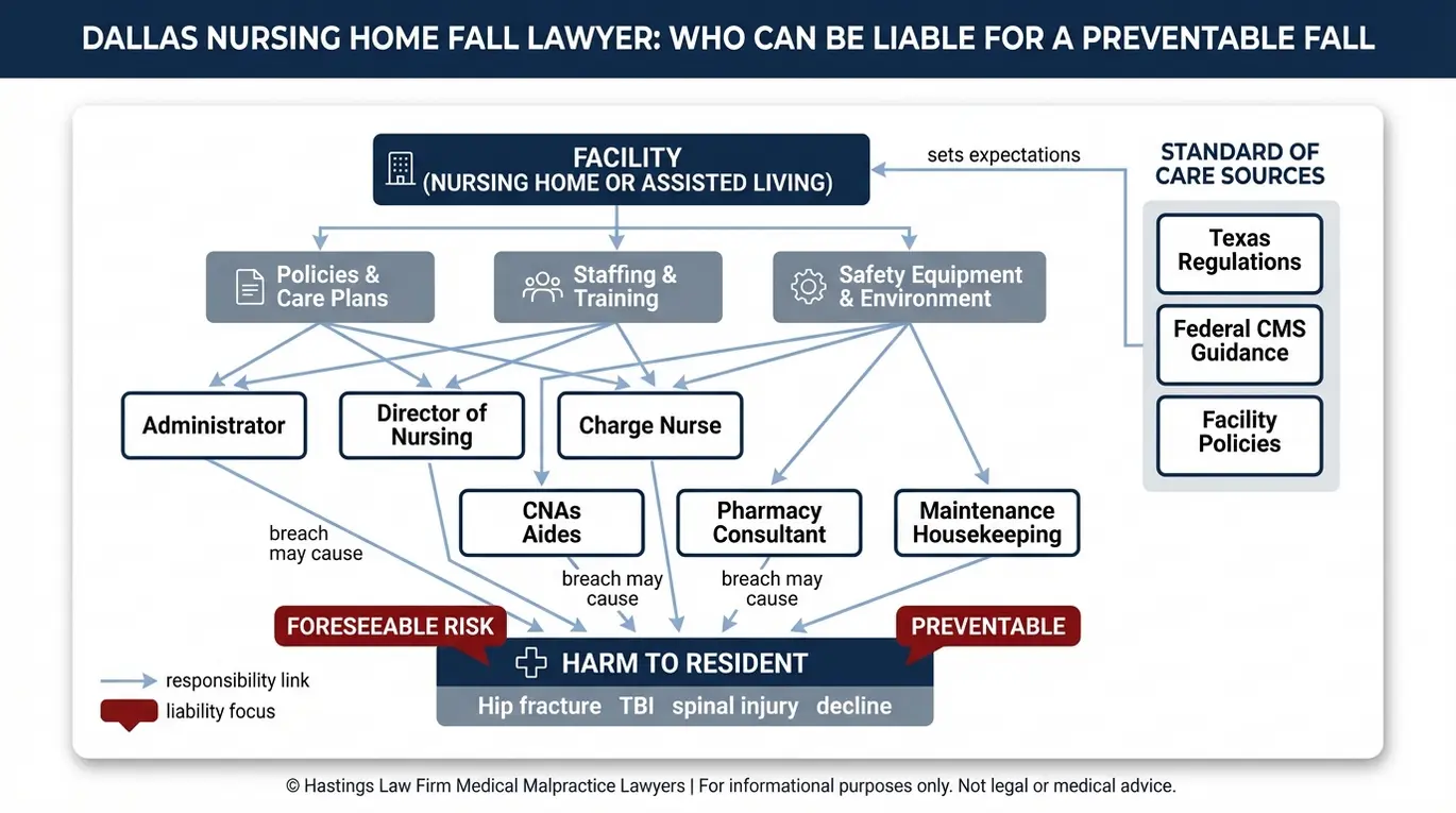Mapa de relaciones entre entidades para un abogado especializado en caídas en residencias de ancianos de Dallas, que muestra los vínculos de responsabilidad de la institución entre los administradores, el personal de enfermería, los auxiliares, la farmacia y el servicio de mantenimiento, según las fuentes Texas y los estándares de atención de los CMS, que dan lugar a daños a los residentes.