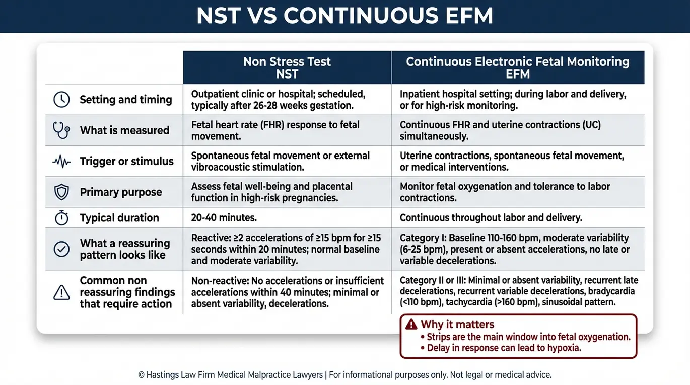 Comparison chart explaining NST versus continuous electronic fetal monitoring for a Texas Misread Non Stress Test Lawyer case including what each test measures and reassuring versus non reassuring fetal heart rate patterns.