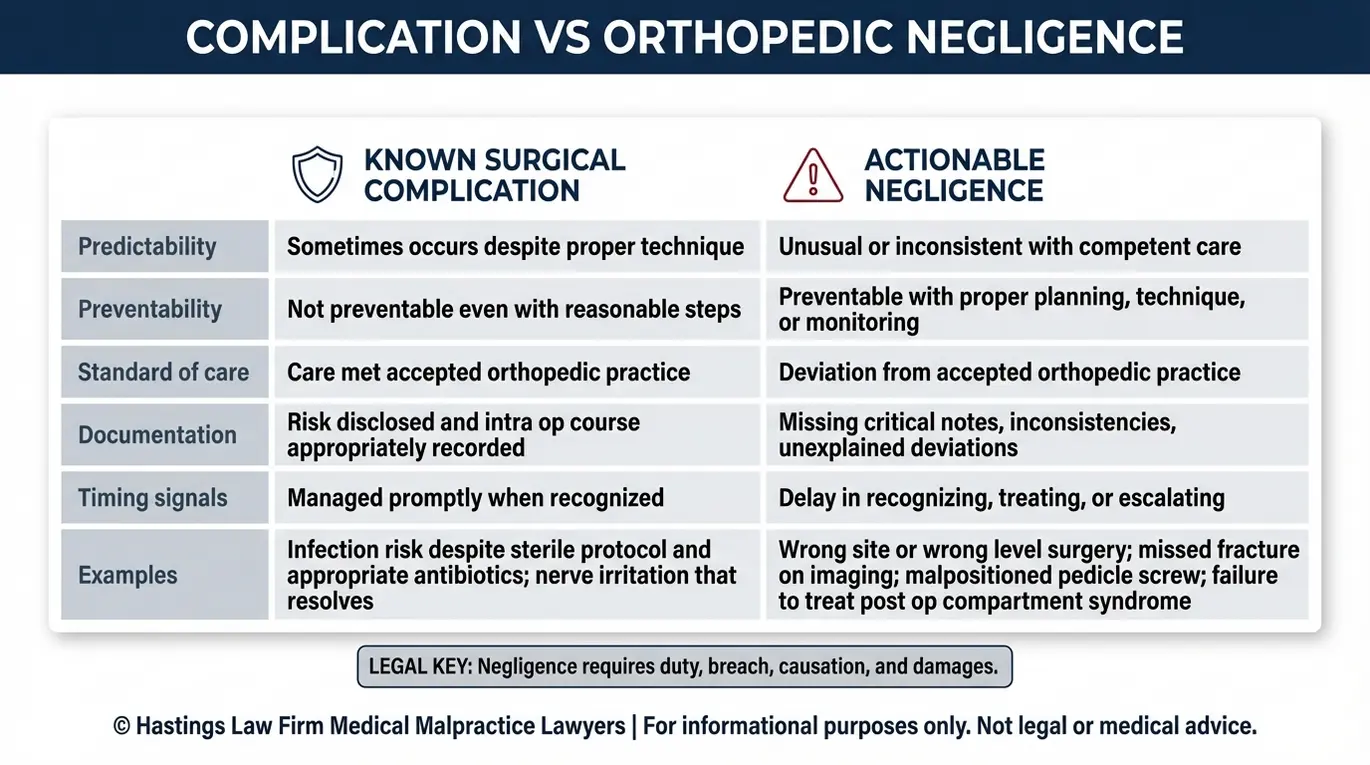Tabla comparativa que explica cómo un abogado especializado en negligencia ortopédica de Texas evalúa las complicaciones quirúrgicas conocidas frente a la negligencia ortopédica susceptible de demanda, utilizando el estándar de atención, la previsibilidad, la documentación, los plazos y los ejemplos.