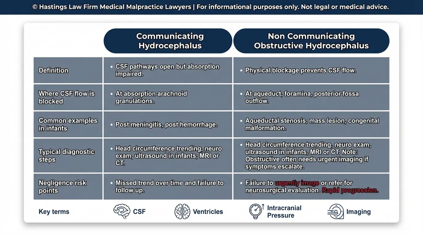 Tabla comparativa que explica la diferencia entre la hidrocefalia obstructiva comunicante y la no comunicante en bebés, con definiciones, pasos diagnósticos y aspectos relacionados con el riesgo de negligencia relevantes para un abogado especializado en hidrocefalia pediátrica Texas.