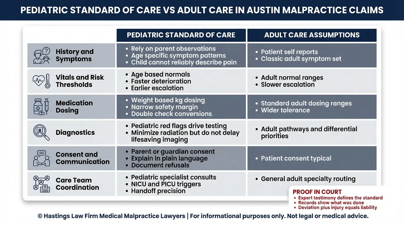 Comparison table showing pediatric standard of care versus adult care assumptions for an Austin Pediatric Malpractice Lawyer case including dosing diagnostics consent and escalation differences.