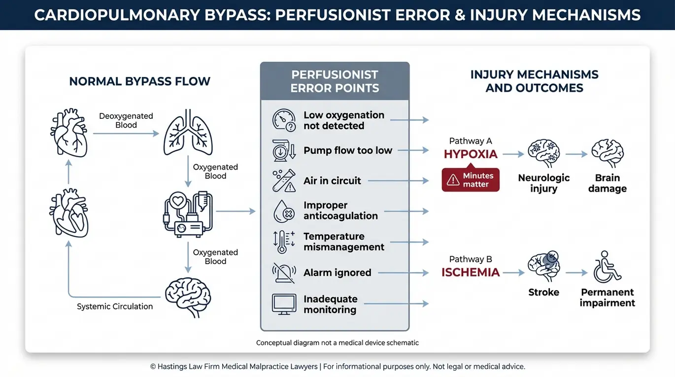 Clinical concept diagram showing how cardiopulmonary bypass perfusionist errors lead to hypoxia or ischemia and resulting neurologic injury explained for a Texas Perfusionist Malpractice Lawyer topic.