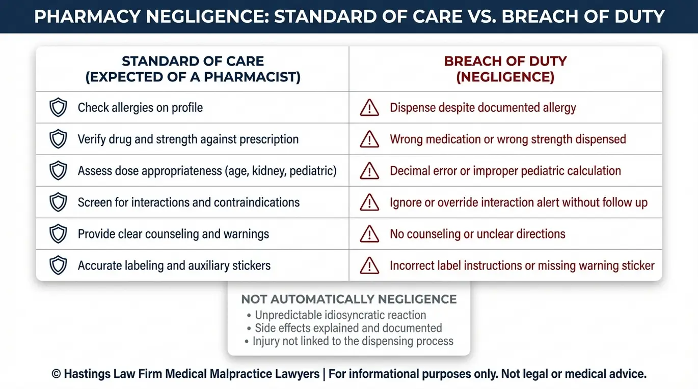 Tabla comparativa para un abogado especializado en negligencia profesional de farmacéuticos en Arizona, en la que se comparan el nivel de atención exigido a los farmacéuticos con el incumplimiento de sus obligaciones, con ejemplos como la administración de medicamentos incorrectos, dosis erróneas, fallos en la verificación de interacciones y errores de etiquetado.