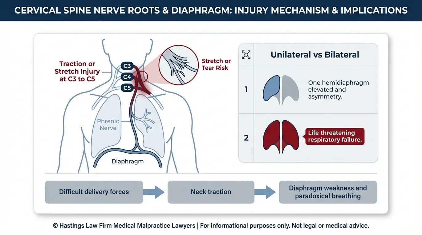 Clinical diagram explaining Texas Phrenic Nerve Palsy Lawyer concepts by showing C3 C4 C5 phrenic nerve injury leading to unilateral or bilateral diaphragm paralysis and paradoxical breathing.