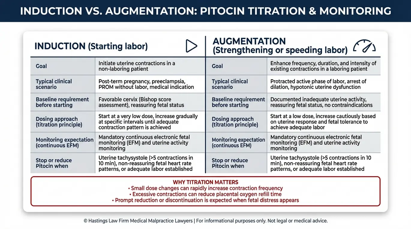 Tabla comparativa que explica las diferencias entre la inducción y la estimulación con Pitocin, así como los pasos de monitorización y ajuste de dosis que un abogado especializado en negligencia por uso excesivo de Pitocin en Arizona analiza al evaluar una posible negligencia.