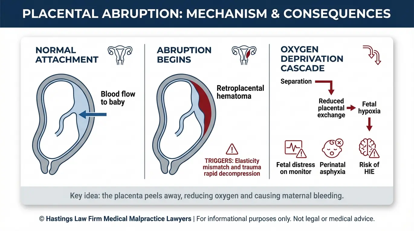 Clinical diagram explaining placental abruption mechanism from placental detachment and retroplacental hematoma to reduced oxygen transfer fetal hypoxia and fetal distress for a Texas Placental Abruption Lawyer overview.