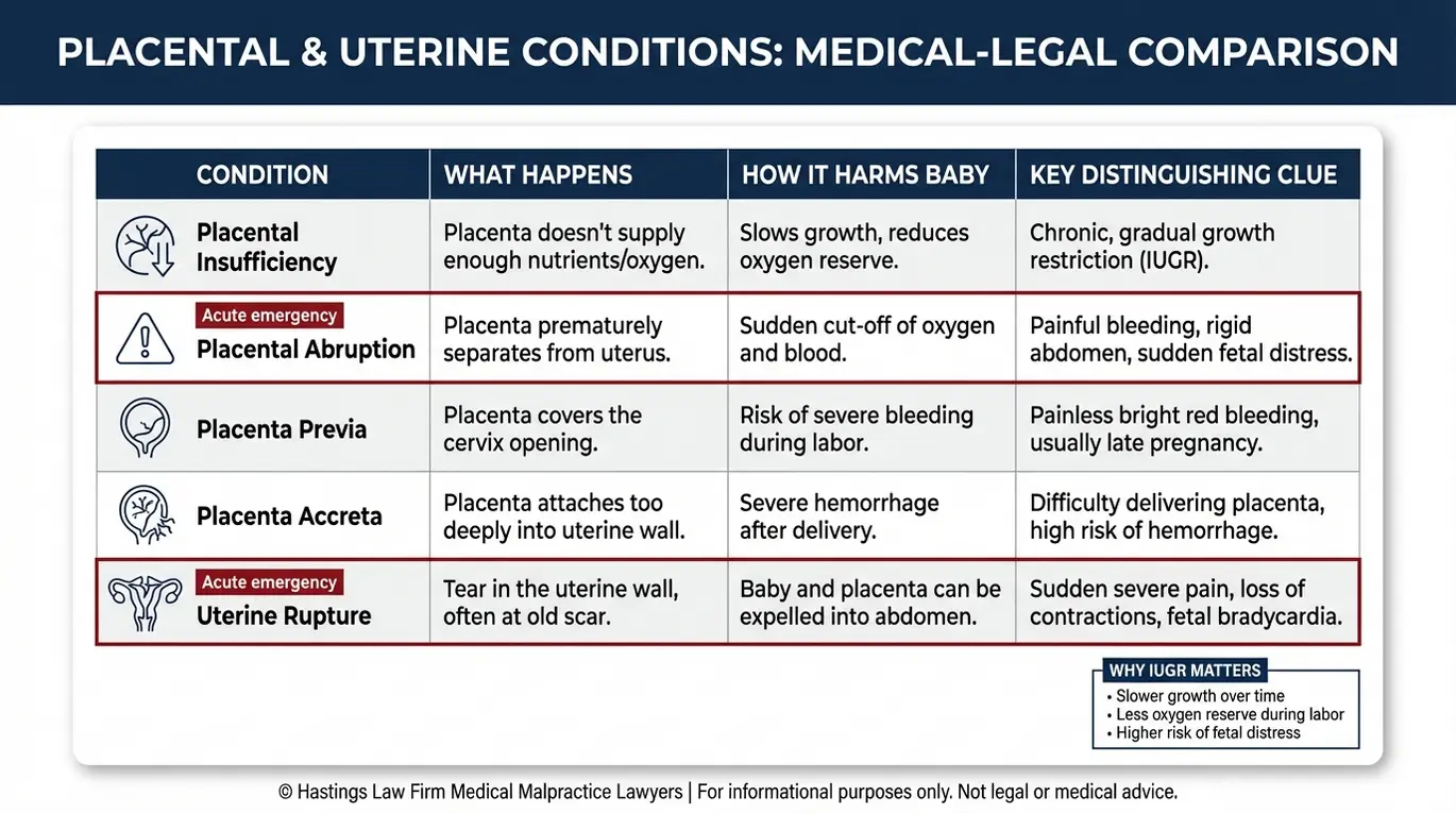 Comparison chart explaining placental insufficiency and related complications to help a Texas Placental Insufficiency Malpractice Lawyer case review distinguish mechanisms of injury and key clinical clues.