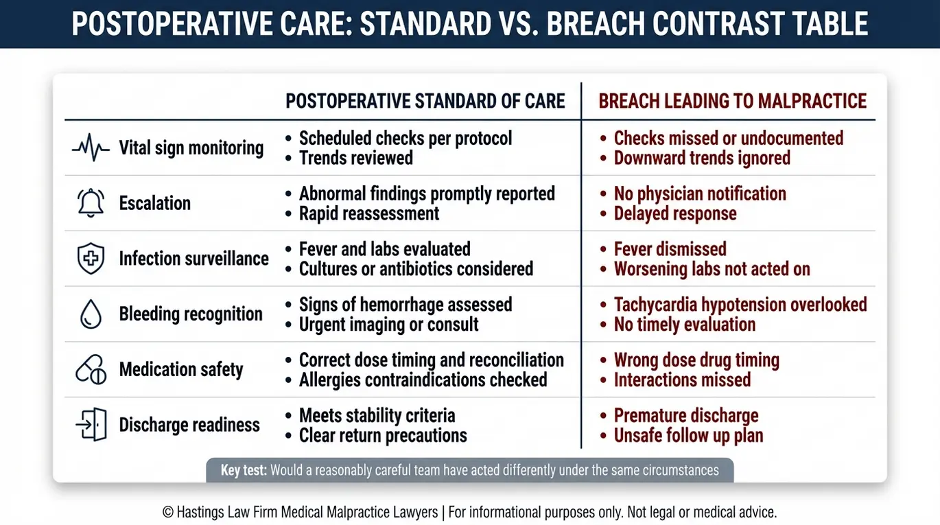 Tabla comparativa que explica los cuidados estándar posoperatorios frente a los incumplimientos para un abogado especializado en negligencia médica posoperatoria en casos de cesárea Texas, incluyendo la monitorización, la escalada de cuidados, las infecciones, las hemorragias, la medicación, la seguridad y la preparación para el alta.