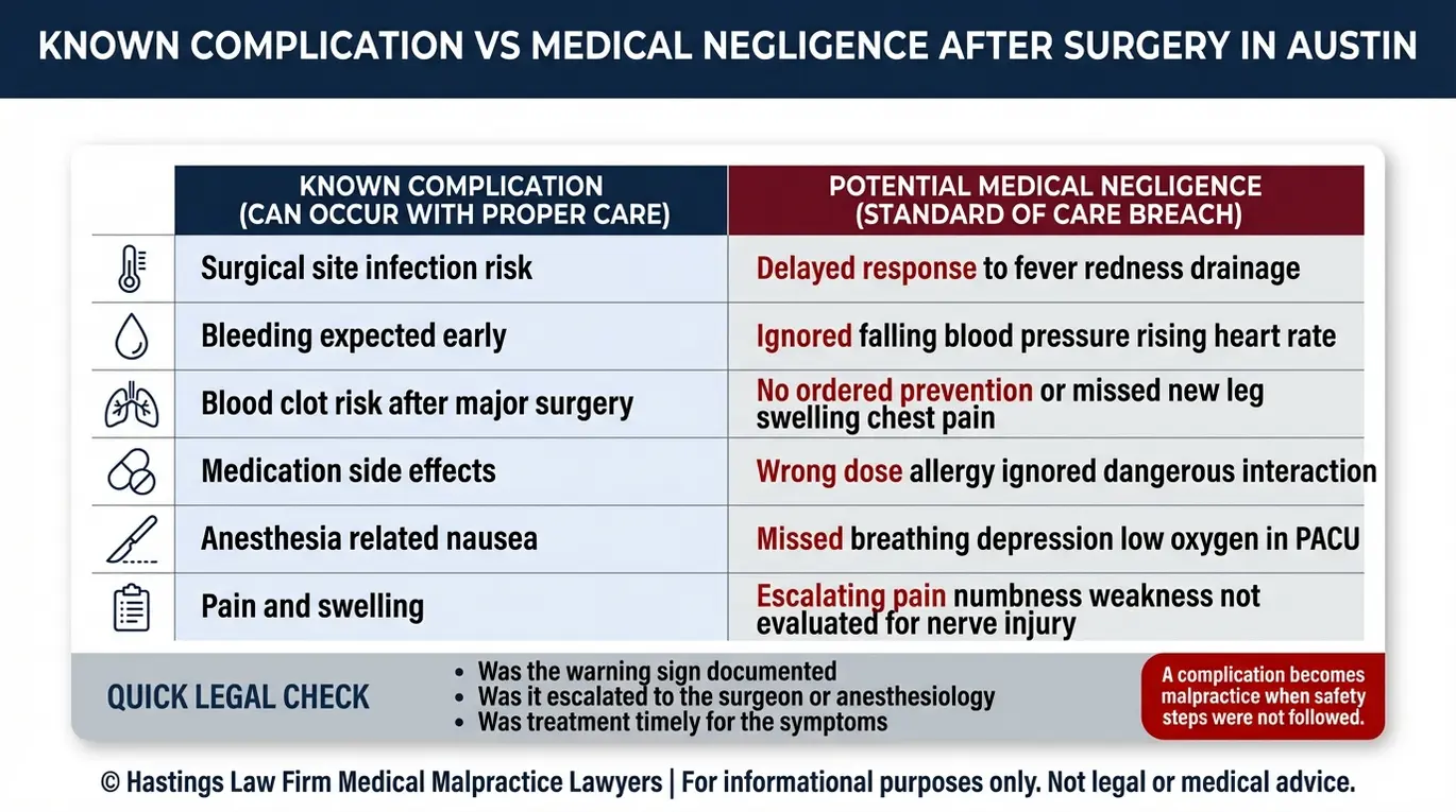Tabla comparativa que explica las complicaciones quirúrgicas conocidas frente a los factores de negligencia médica para el análisis de un caso por negligencia posoperatoria en Austin.