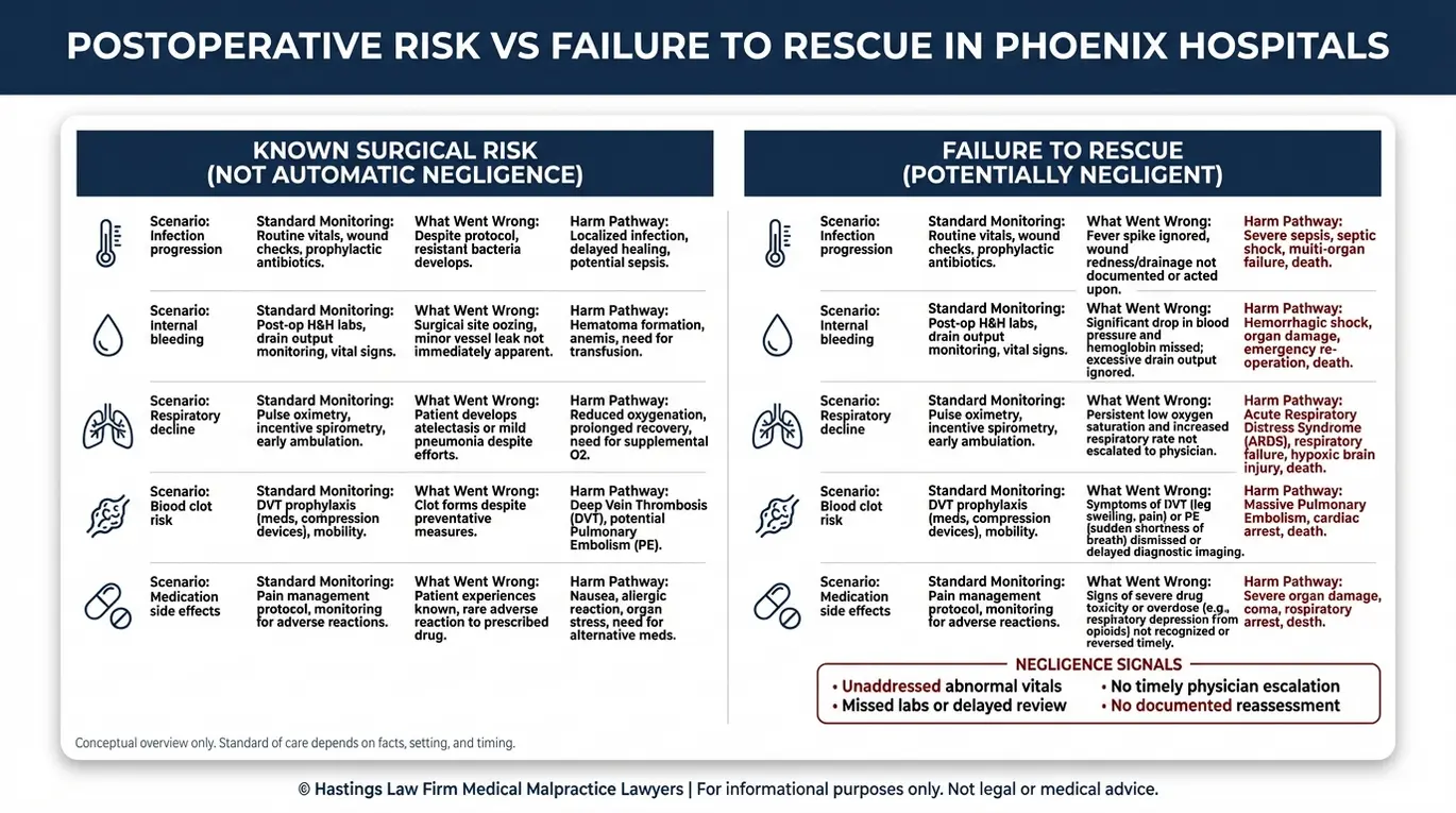 Comparison chart explaining known surgical risks versus failure to rescue scenarios evaluated by a Phoenix Postoperative Malpractice Lawyer.