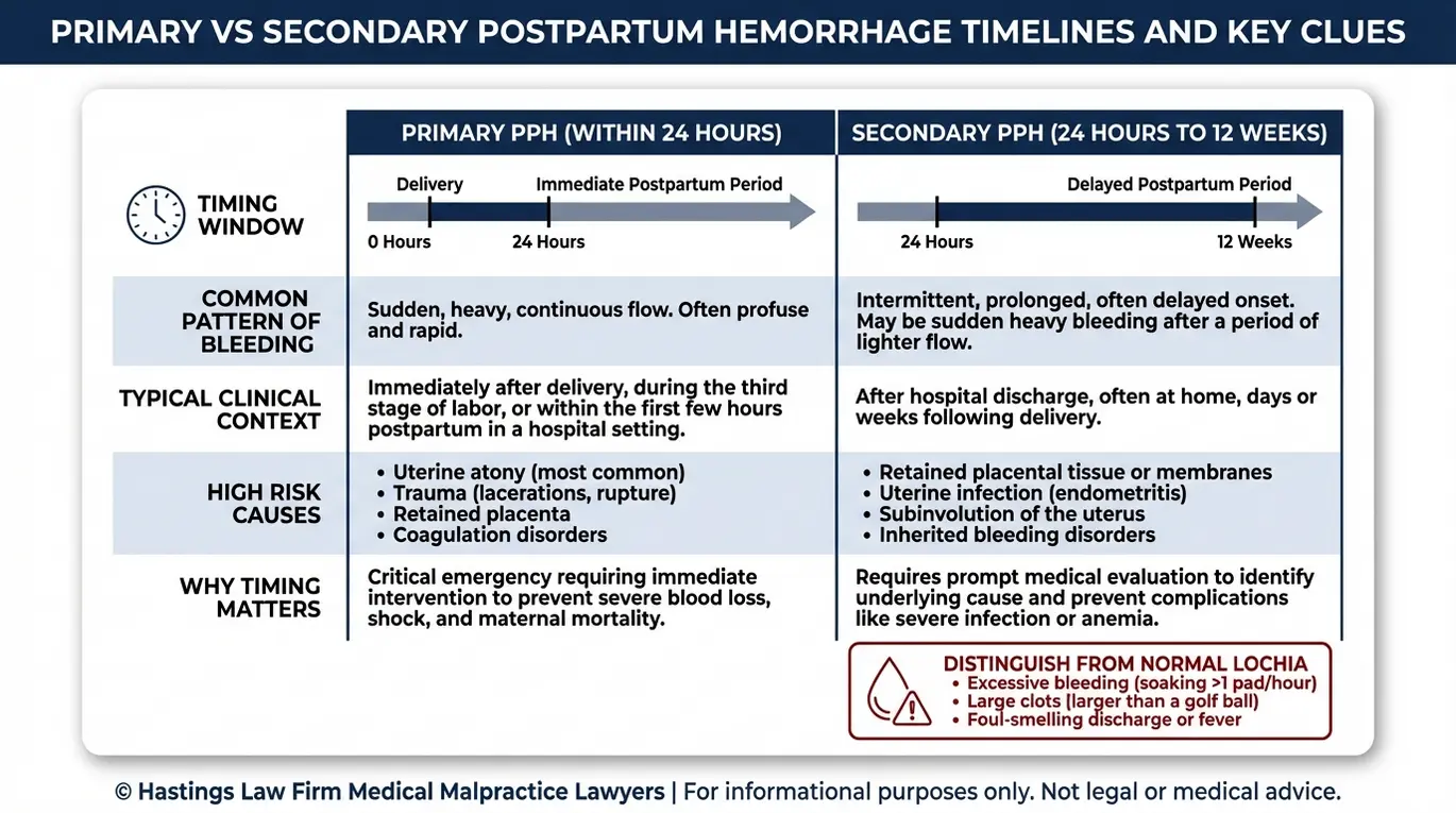Comparison chart explaining primary versus secondary postpartum hemorrhage timelines and clues for a Texas Postpartum Hemorrhage Lawyer case review.
