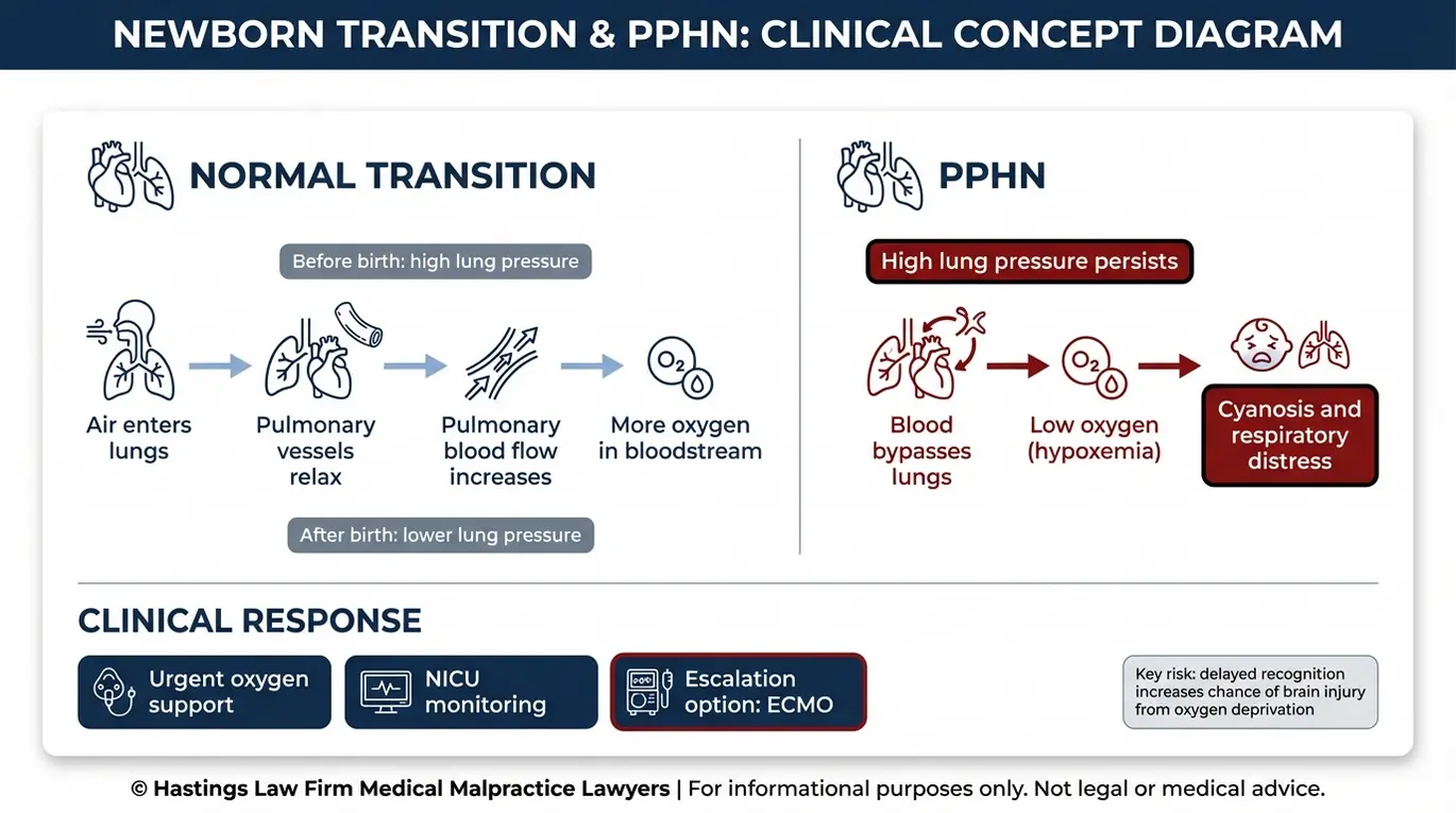 Clinical diagram explaining how Persistent Pulmonary Hypertension of the Newborn leads to high lung pressure, blood bypassing the lungs, hypoxemia, cyanosis, and NICU escalation options often reviewed by a Texas Persistent Pulmonary Hypertension Lawyer.