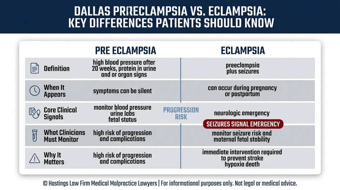 Cuadro comparativo que explica la preeclampsia frente a la eclampsia con el momento de inicio, los síntomas clave, las necesidades de supervisión y la distinción entre convulsiones de emergencia para un tema de Dallas Eclampsia y Preeclampsia Lawyer.