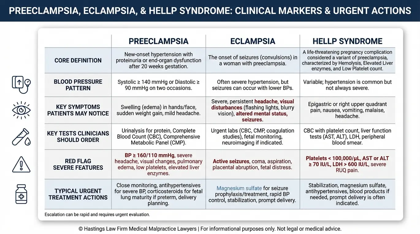 Tabla comparativa en la que se explican las definiciones de la preeclampsia, la eclampsia y el síndrome HELLP, así como sus síntomas principales, las pruebas necesarias y los tratamientos de urgencia, para la búsqueda de un abogado especializado en eclampsia y preeclampsia (Texas).