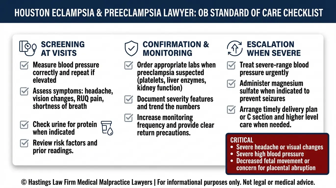 Checklist showing the obstetric standard of care steps a Houston Eclampsia and Preeclampsia Lawyer reviews including screening monitoring and escalation actions like magnesium sulfate and timely delivery.