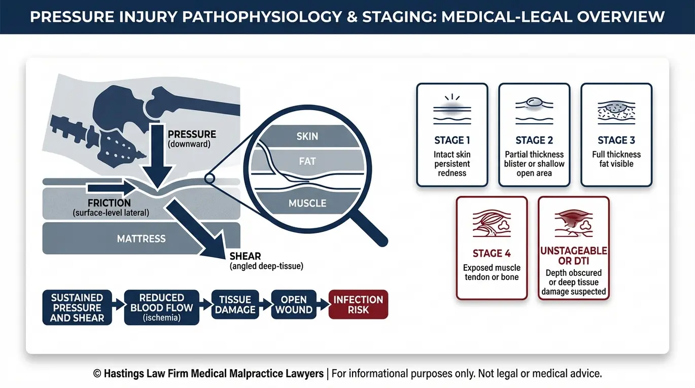 Clinical diagram explaining how pressure, friction, and shear lead to pressure ulcers and bedsore stages, designed for Arizona Nursing Home Bedsores Lawyers audiences evaluating severity and complications.