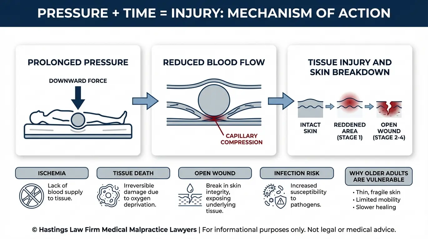 Clinical diagram explaining how pressure ulcers form in elderly residents through prolonged pressure reducing blood flow leading to skin breakdown and open wounds relevant to Texas Nursing Home Bedsores Lawyers.