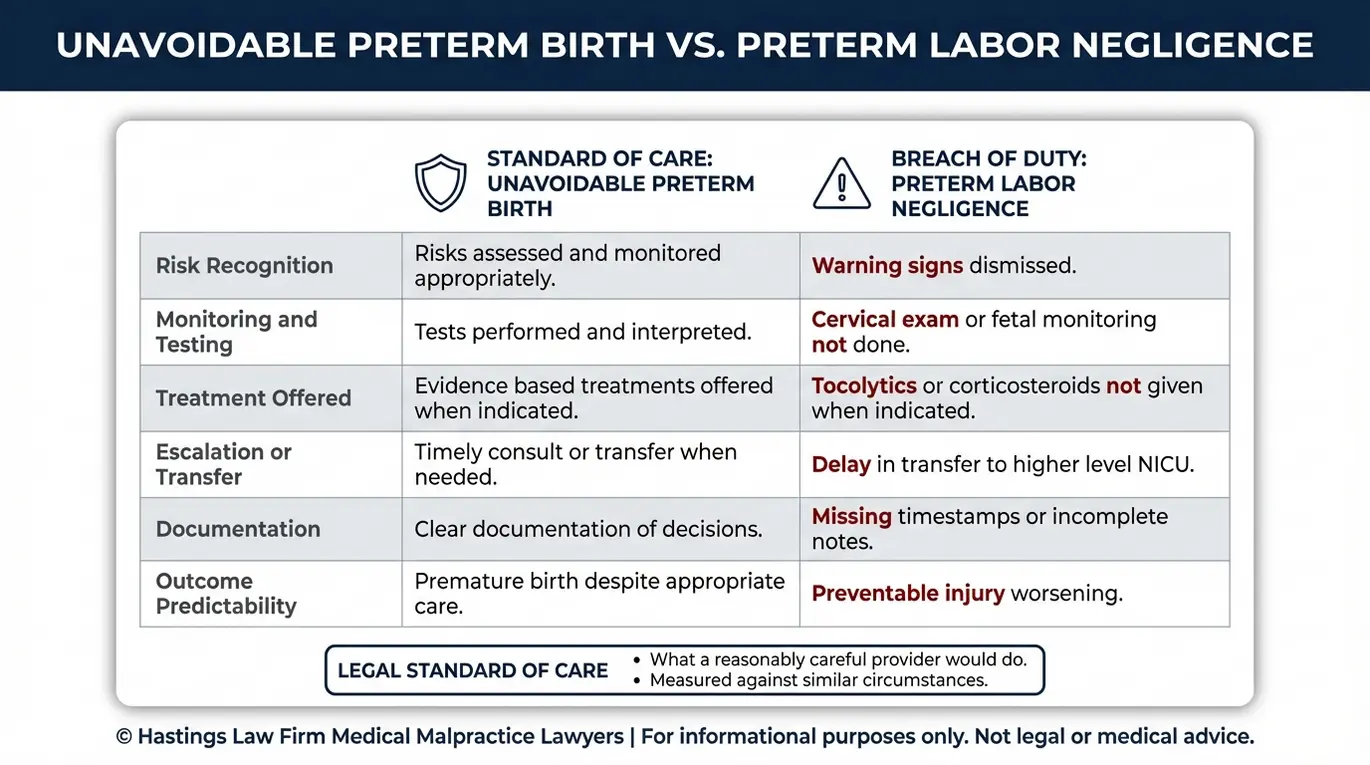 Tabla comparativa que explica cómo un abogado especializado en negligencia por parto prematuro según el modelo Texas distingue entre el parto prematuro inevitable y la negligencia por parto prematuro, utilizando las categorías de «estándar de atención» y «incumplimiento».