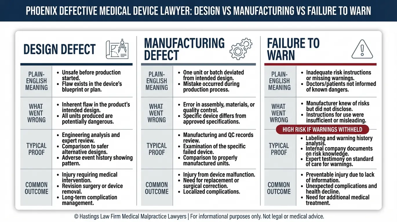 Tabla comparativa elaborada por un abogado especializado en dispositivos médicos defectuosos de Phoenix, en la que se explican los defectos de diseño, los defectos de fabricación y la falta de advertencias, junto con sus definiciones, los tipos de pruebas y los resultados habituales.