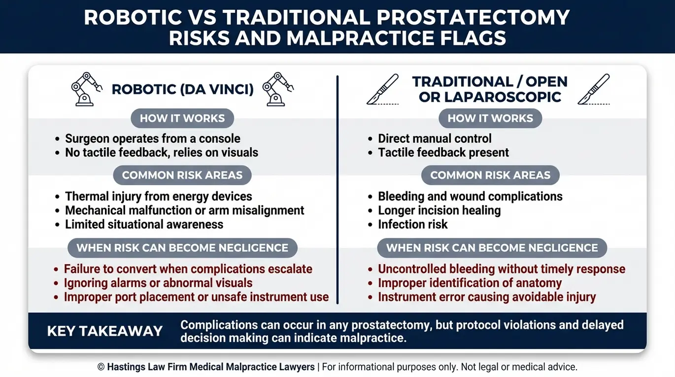 Tabla comparativa en la que se explican los riesgos de la prostatectomía robótica y la tradicional, así como los indicadores de negligencia, para su evaluación por parte de un abogado especializado en errores quirúrgicos de próstata en Austin.