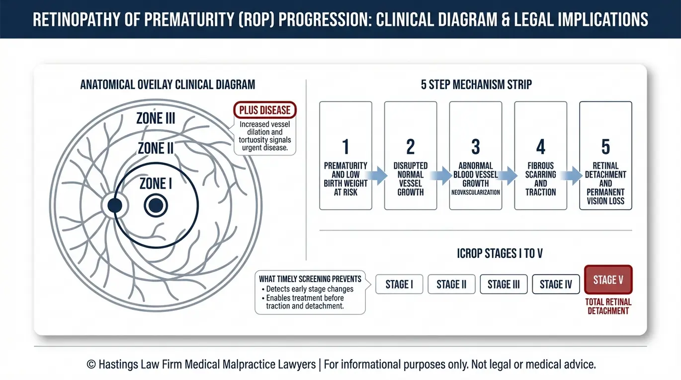 Clinical diagram explaining Retinopathy of Prematurity zones plus disease and stages I to V showing progression to retinal detachment for families seeking a Texas Retinopathy of Prematurity Lawyer.