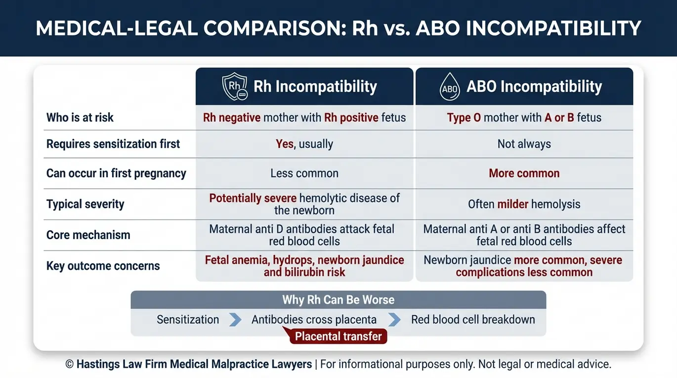 Comparison chart explaining Rh incompatibility and ABO incompatibility with aligned rows for risk factors sensitization first pregnancy timing severity mechanism and newborn outcomes for parents seeking an Arizona Rh Incompatibility Birth Injury Lawyer.