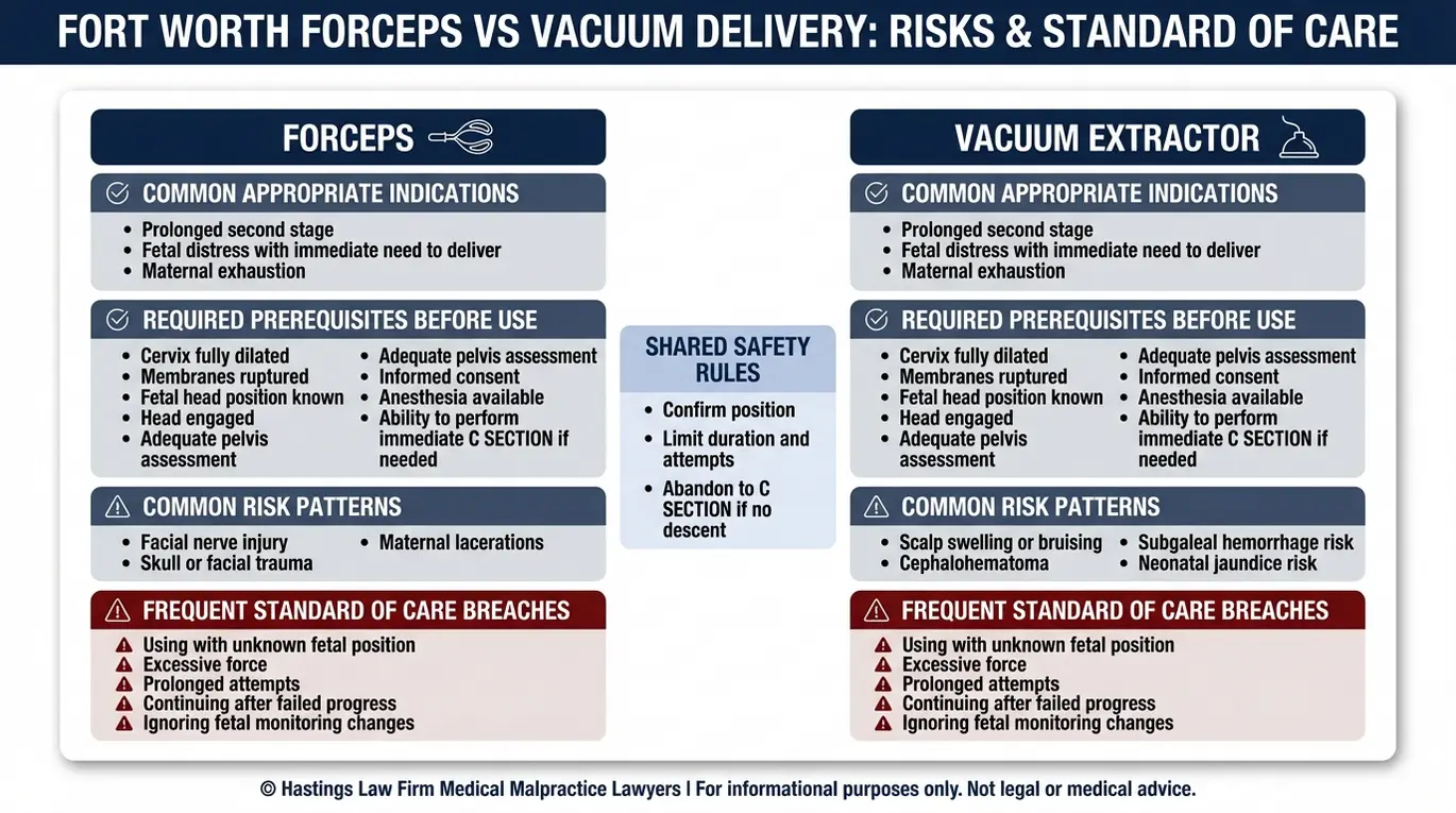 Comparison chart showing forceps versus vacuum extractor risks, prerequisites, and standard of care breaches for a Fort Worth Forcep and Vacuum Birth Injury Lawyer topic.