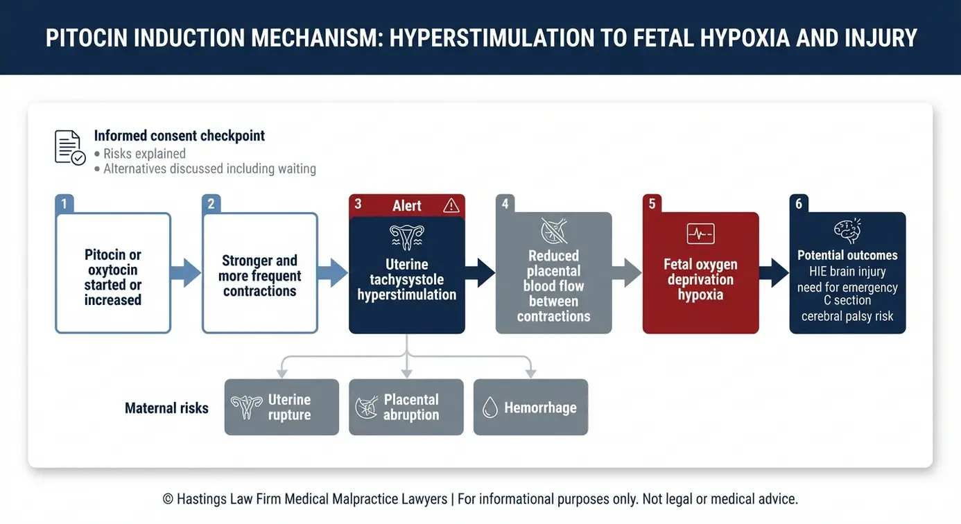 Diagrama clínico que explica los errores en la inducción con Pitocin y el proceso que lleva de la hiperestimulación uterina a la hipoxia fetal y al daño cerebral neonatal (HIE), en relación con un caso de indemnización por inducción fallida del parto en Arizona.