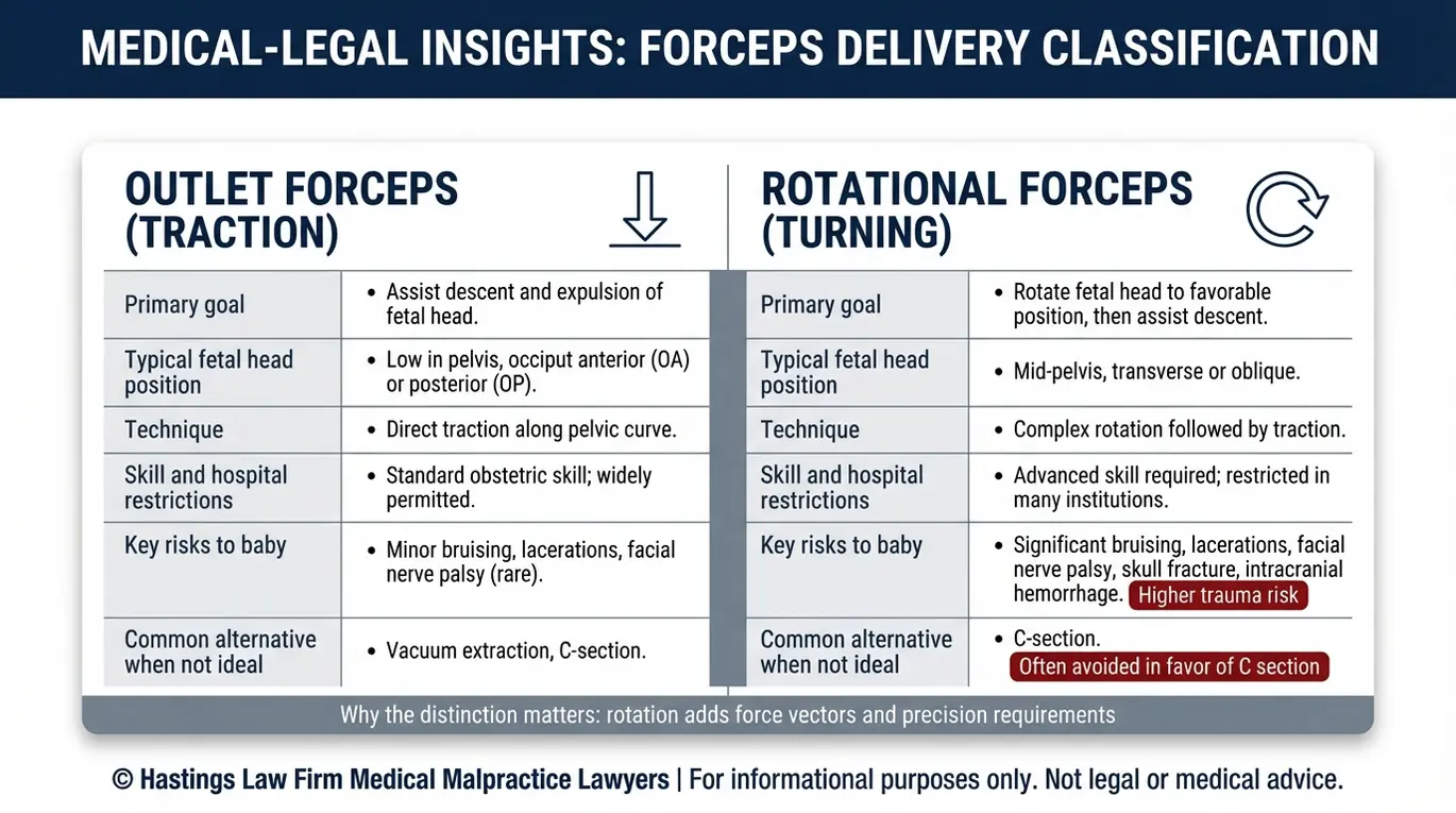 Comparison chart explaining outlet forceps versus rotational forceps delivery risks and why an Arizona Rotational Forceps Birth Injury Lawyer reviews rotation specific trauma mechanisms and standard of care issues.