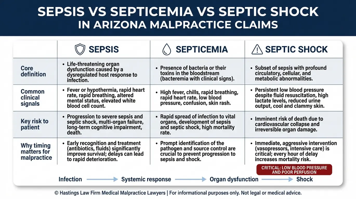 Cuadro comparativo que define la sepsis frente a la septicemia frente al shock séptico y cómo el momento de la progresión respalda una demanda de un abogado especializado en negligencia por sepsis de Arizona.