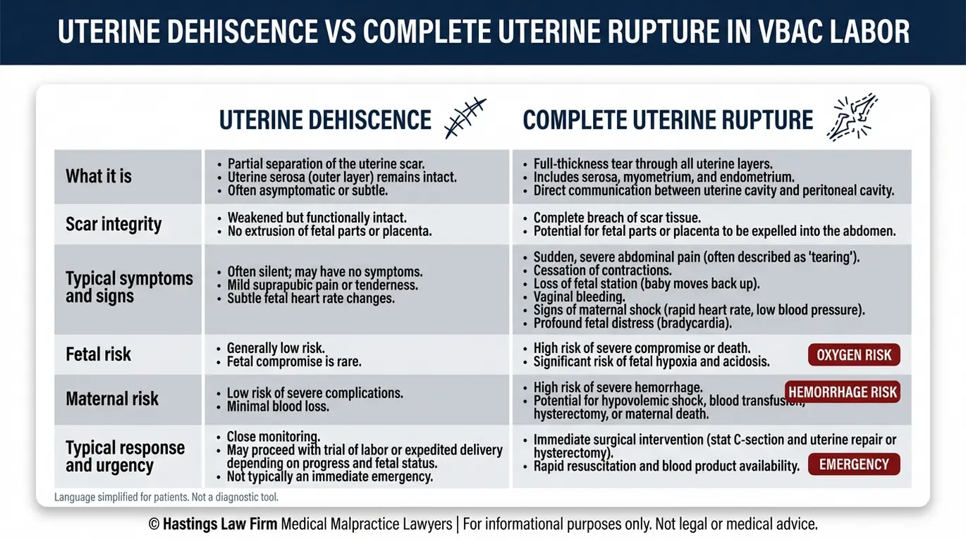 Comparison table explaining uterine dehiscence versus complete uterine rupture during VBAC labor for a Texas VBAC Complications Lawyer case evaluation.