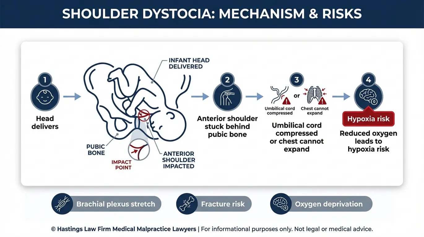 Diagrama clínico que explica la anatomía de la distocia de hombros, con el hombro anterior atrapado detrás del hueso púbico, y un proceso paso a paso que conduce a la privación de oxígeno, diseñado para facilitar la evaluación por parte de un abogado especializado en lesiones perinatales por distocia de hombros de Texas.