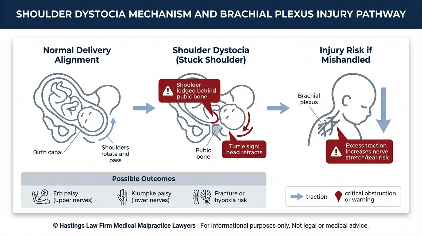 Clinical diagram showing how shoulder dystocia occurs in the birth canal and how traction can cause brachial plexus injury, supporting Fort Worth Shoulder Dystocia Lawyer information.