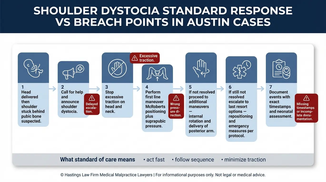 Diagrama de flujo que muestra los pasos del protocolo de atención estándar para la distocia de hombros y los puntos críticos que un abogado especializado en distocia de hombros de Austin revisa en los expedientes médicos.