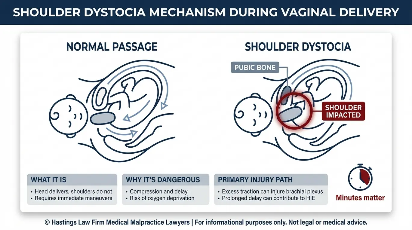 Diagrama clínico que explica el mecanismo de la distocia de hombro y los riesgos críticos de tiempo relevantes para la revisión de un caso de Dallas Shoulder Dystocia Lawyer.