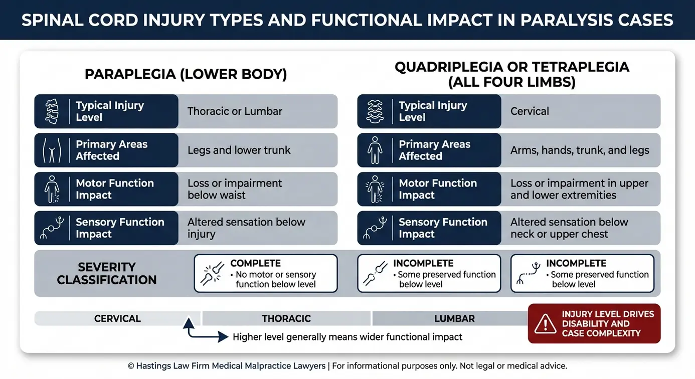 Cuadro comparativo en el que se explican las clasificaciones de las lesiones medulares relevantes para un Abogado de Parálisis Médica Texas, incluida la paraplejia frente a la tetraplejia o cuadriplejia y las repercusiones de la lesión completa frente a la incompleta en la función motora y sensorial.