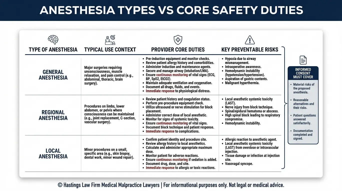 Comparison chart explaining anesthesiologist standard of care by general anesthesia, regional anesthesia, and local anesthesia, showing safety duties and preventable risks relevant to a Phoenix Anesthesia Error Lawyer claim review.