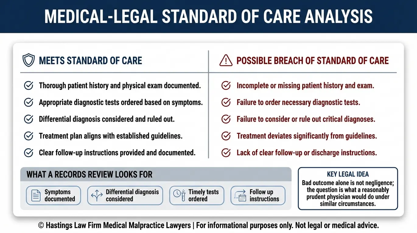Cuadro comparativo que explica el estándar de atención en Texas negligencia médica frente a un mal resultado para una evaluación de Texas Doctor Malpractice Lawyer.