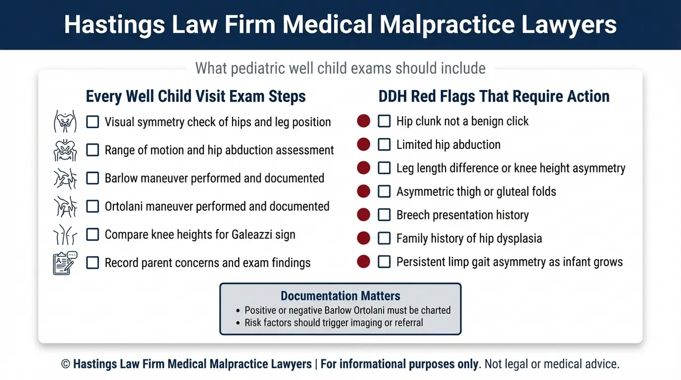 Checklist summarizing infant hip screening standard of care with DDH red flags and required documentation for parents seeking a Texas Missed Hip Dysplasia Lawyer.