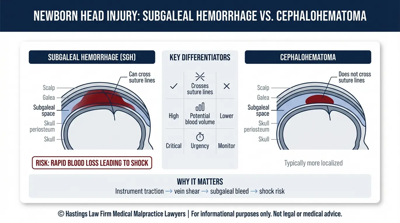 Diagrama clínico que explica la anatomía de la hemorragia subgaleal y en qué se diferencian los casos que atiende el abogado especializado en hemorragias subgaleales de Arizona del cefalohematoma, según la localización del sangrado, la extensión de la línea de sutura y el riesgo de shock.