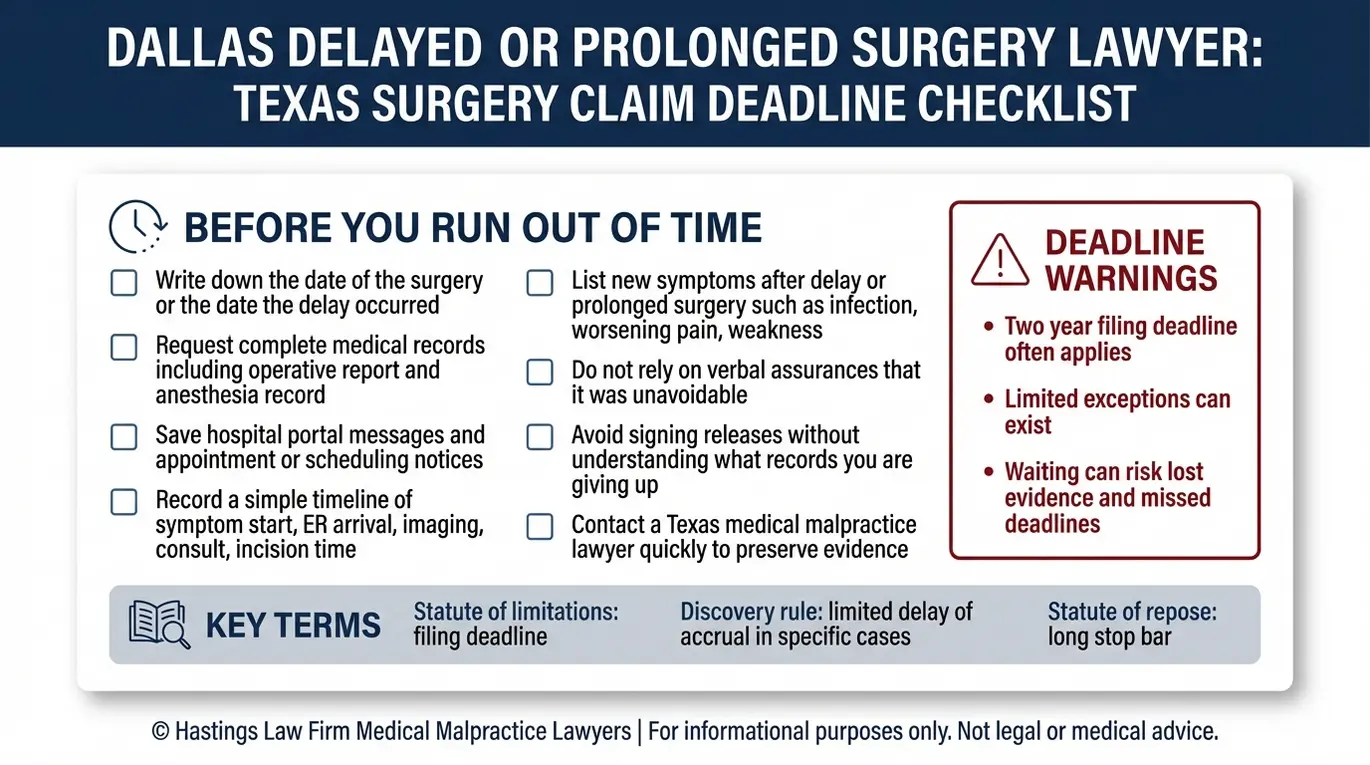 Lista de comprobación de advertencia para un abogado de Dallas de cirugía retrasada o prolongada que explica los plazos de reclamación de cirugía Texas y los pasos clave a seguir para proteger un posible caso de negligencia médica.