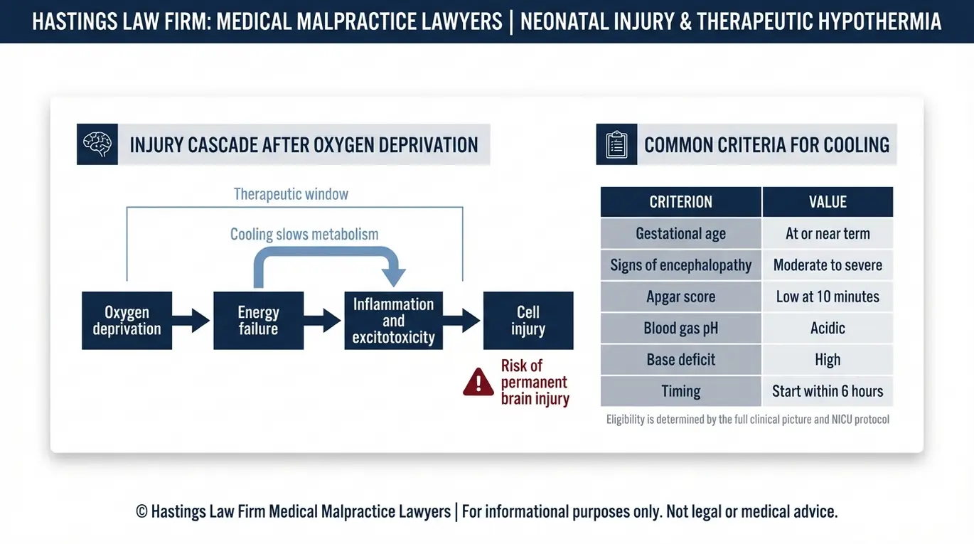 Clinical diagram explaining therapeutic hypothermia for HIE with a brain injury cascade and a criteria for cooling table used in Texas Infant Therapeutic Hypothermia Lawyer case reviews.