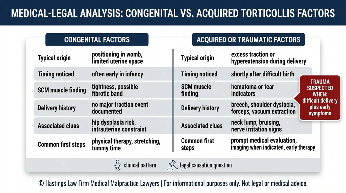 Comparison chart explaining congenital versus acquired traumatic torticollis factors and delivery related risk clues for an Arizona Torticollis and Wry Neck Lawyer case review.