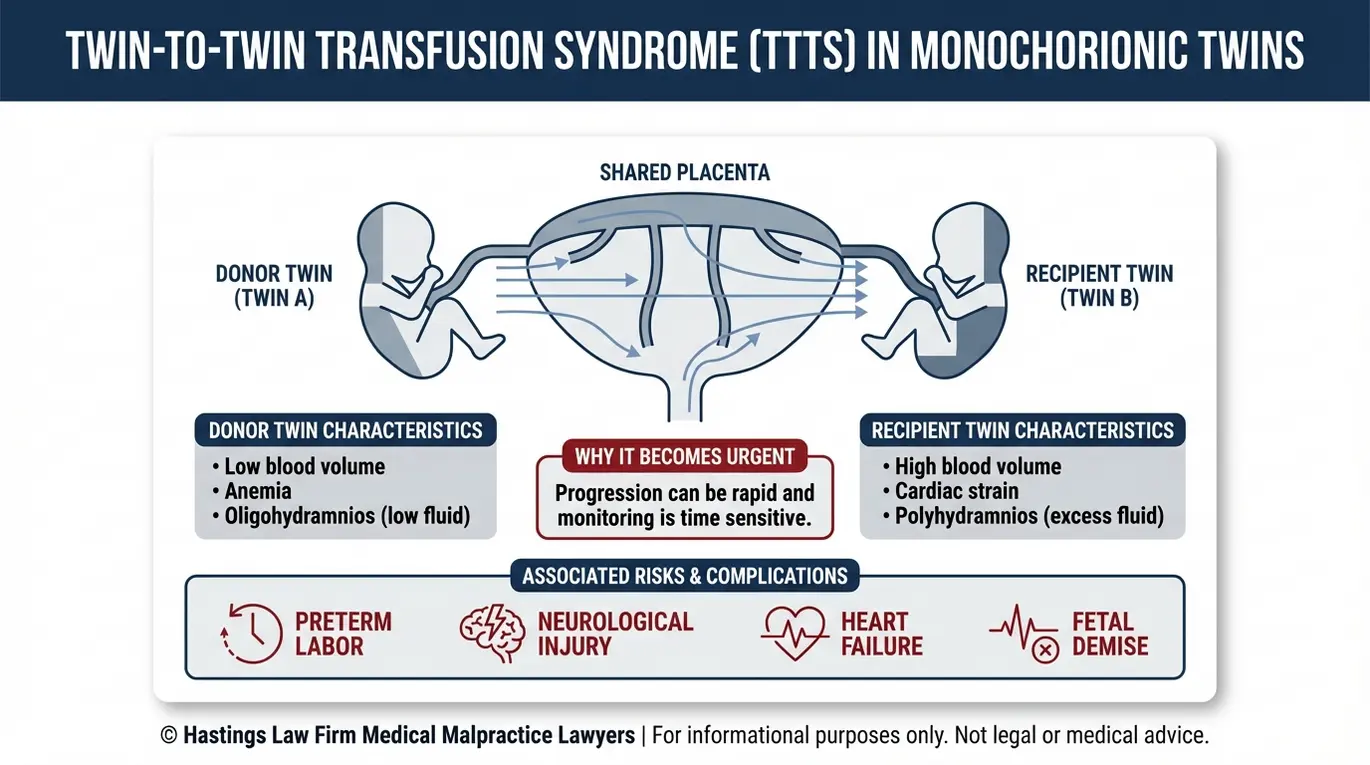 Clinical concept diagram showing how Texas Twin To Twin Transfusion Syndrome Lawyer cases often involve a shared placenta with connecting vessels that cause blood flow imbalance between donor and recipient twins and lead to oligohydramnios polyhydramnios cardiac strain neurological injury and fetal demise risk.