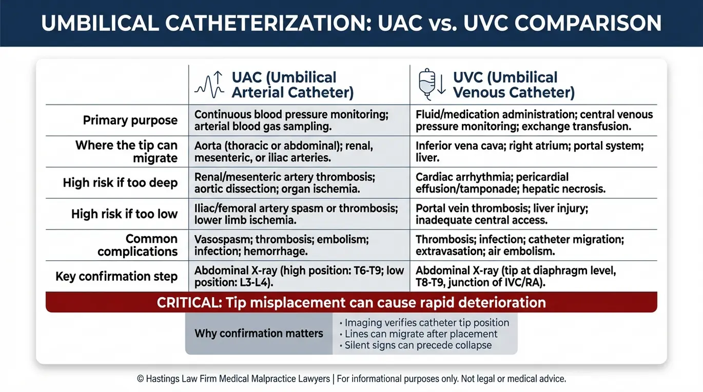 Comparison chart for a Texas Umbilical Catheter Birth Injury Lawyer showing UAC versus UVC functions, tip misplacement risks, complications such as clots liver injury and cardiac tamponade, and the role of x ray or ultrasound confirmation.