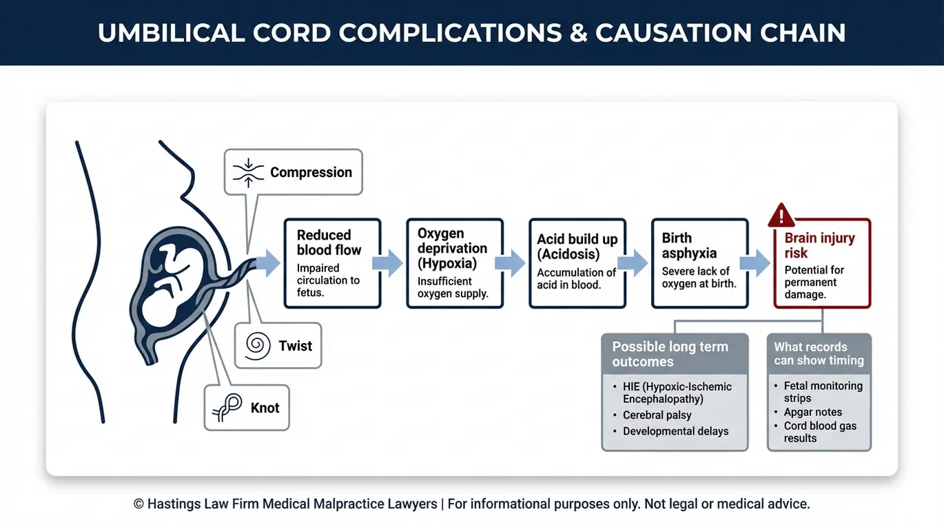 Clinical diagram explaining how umbilical cord compression and entrapment can lead to hypoxia acidosis birth asphyxia and brain injury for a Texas Umbilical Cord Entrapment Lawyer case.