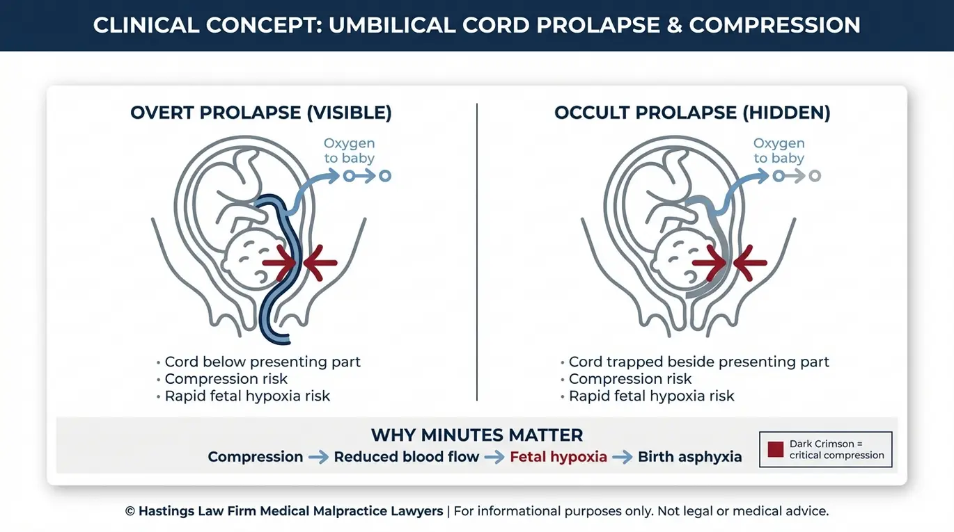 Clinical diagram explaining umbilical cord prolapse with overt versus occult compression and a minutes matter chain leading to fetal hypoxia for a Texas Umbilical Cord Prolapse Negligence Lawyer topic.