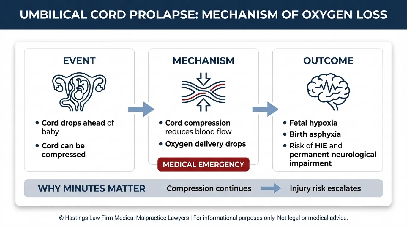 Clinical diagram showing how umbilical cord prolapse leads to cord compression, fetal hypoxia, birth asphyxia, and HIE used in an Arizona Umbilical Cord Prolapse Negligence Lawyer case analysis.